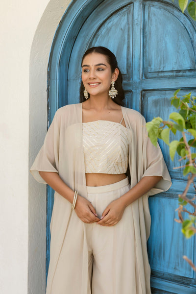 Off White Color Georgette Gotta Patti Plazo Top Shrug