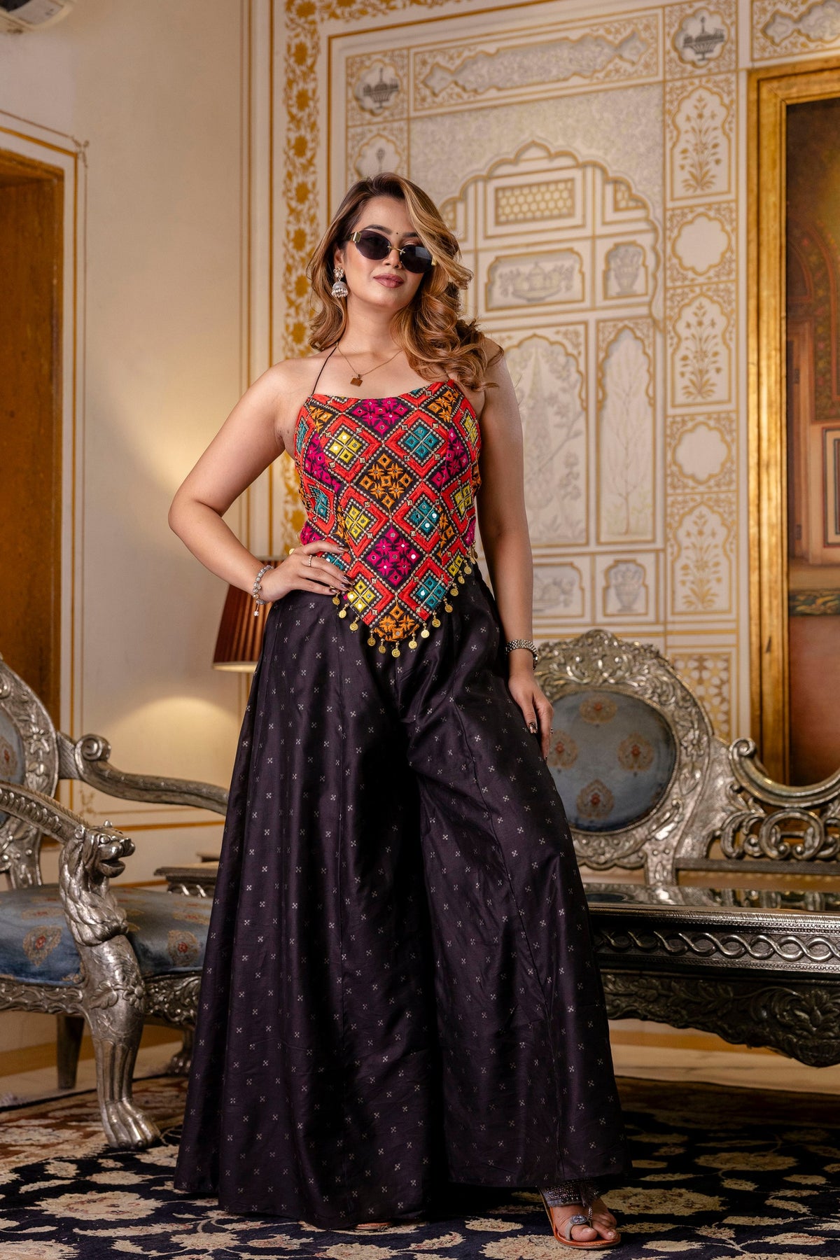 Latest Black Color Banglori Silk Mirror Top Plazo