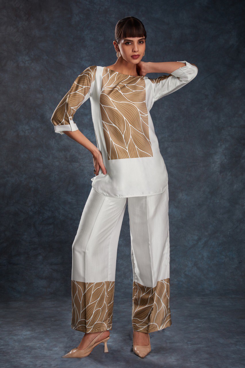 White Color Satin Printed Co-Ord Set