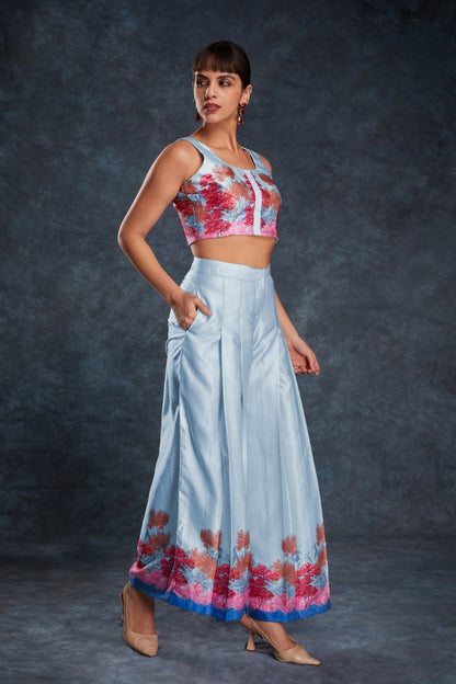Blue Color Satin Printed Co-Ord Set