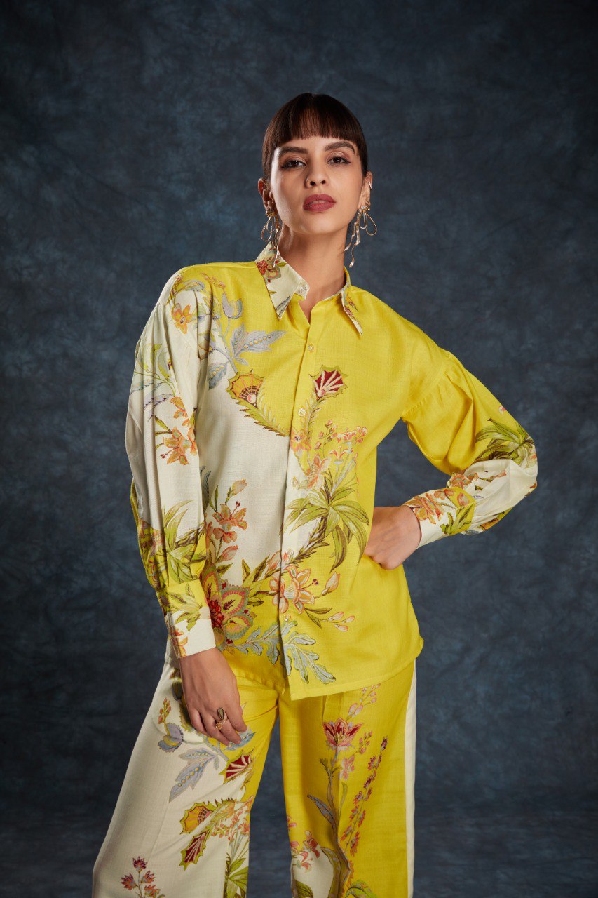 Yellow Color Printed Linen Co-ord Set