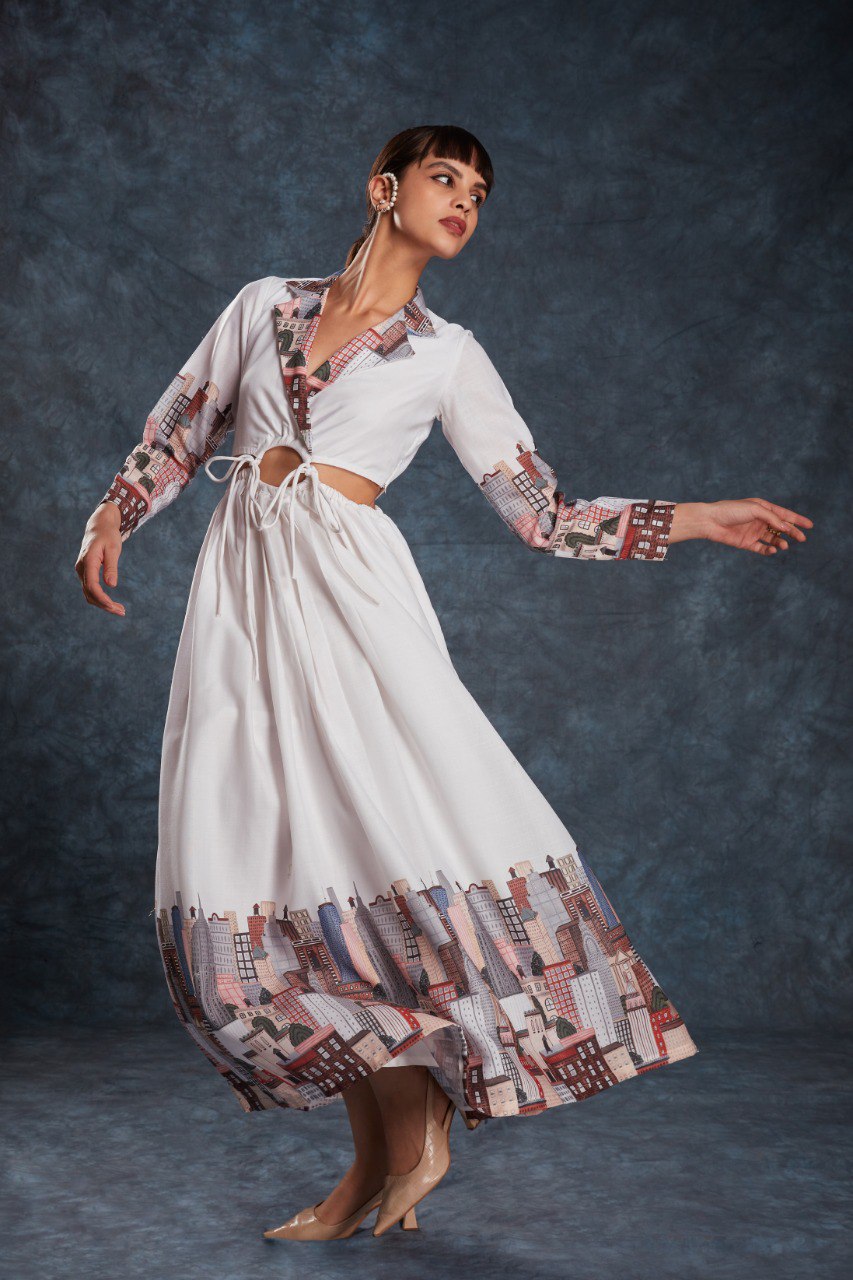 White Color Linen Printed Maxi Gown
