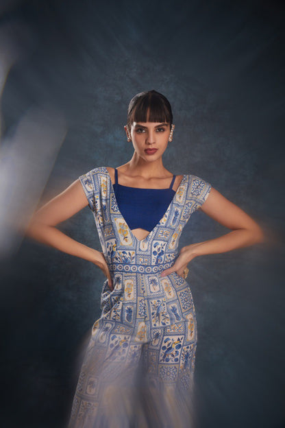 Blue Color Linen Printed Jump Suit