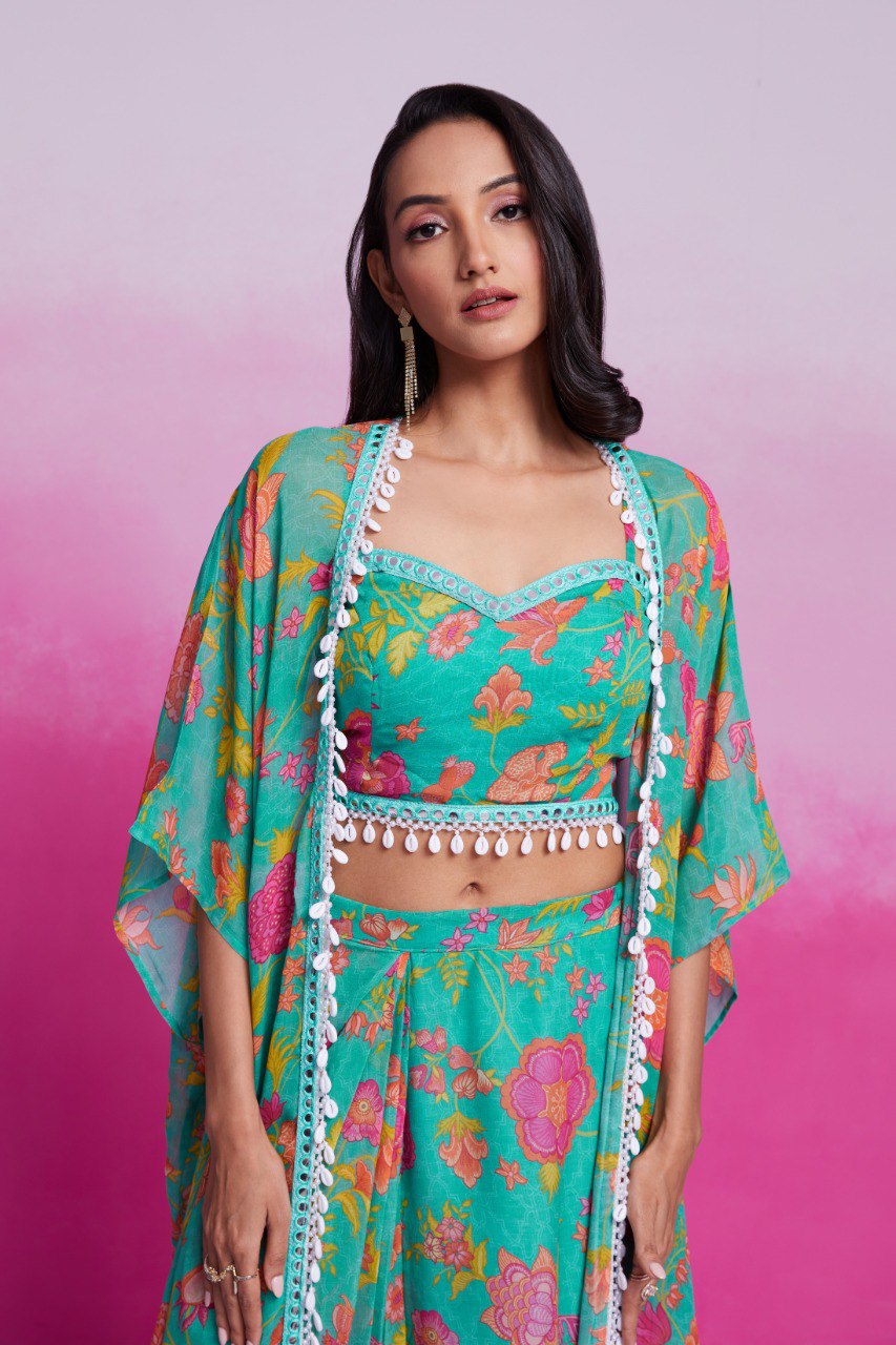 Turquois Color Georgette Printed Co-ord Set