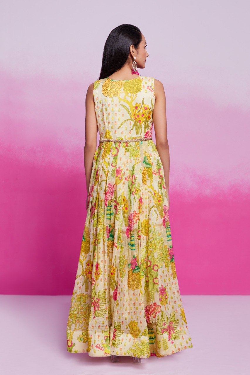 Yellow Color Organza Printed Gown