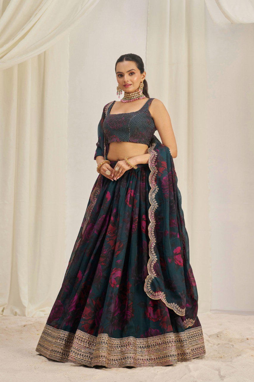 Blue Color Organza Printed Sequence Lehenga Choli