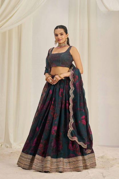 Blue Color Organza Printed Sequence Lehenga Choli