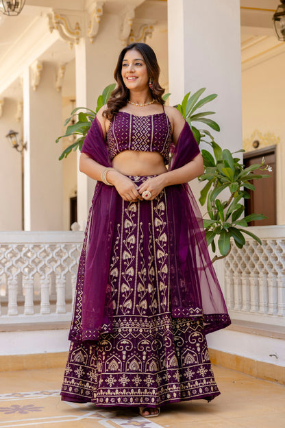 Wine Color Georgette Sequence Lehenga Choli