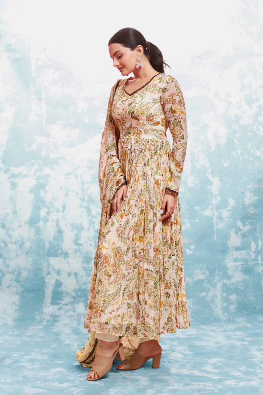 Cream Color Chiffon Digital Printed Anarkali Top Pant Dupatta