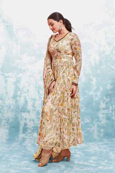 Cream Color Chiffon Digital Printed Anarkali Top Pant Dupatta