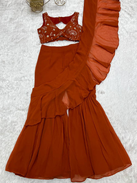 Rust Color Georgette Sequence Ready to wear Plazo Saree