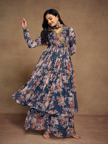 Blue Color Embroidered Chiffon Plazo Suit