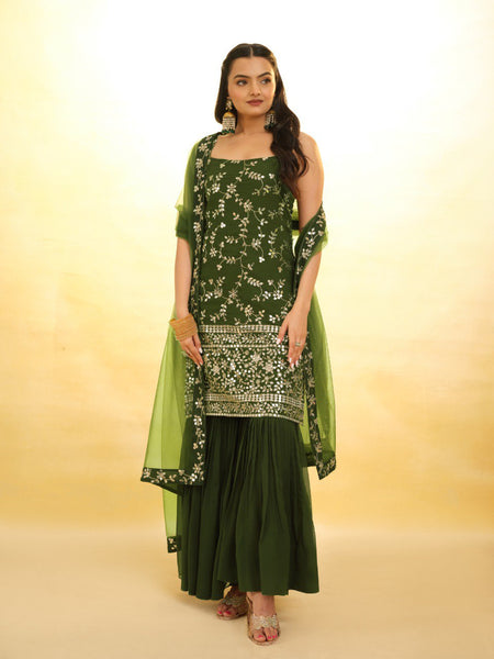 Green Color Embroidered Georgette PLazo Suit