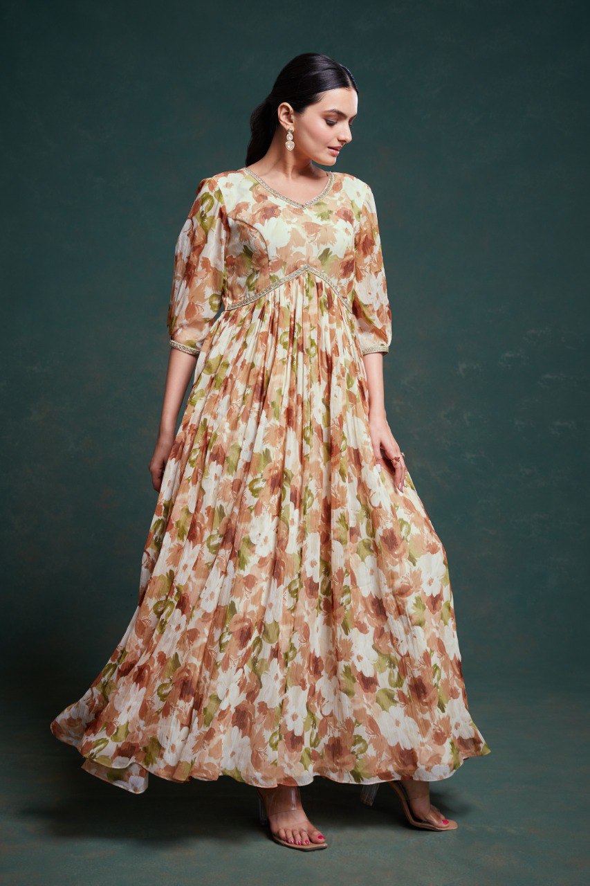 Party Wear Cream Color Chiffon Gown