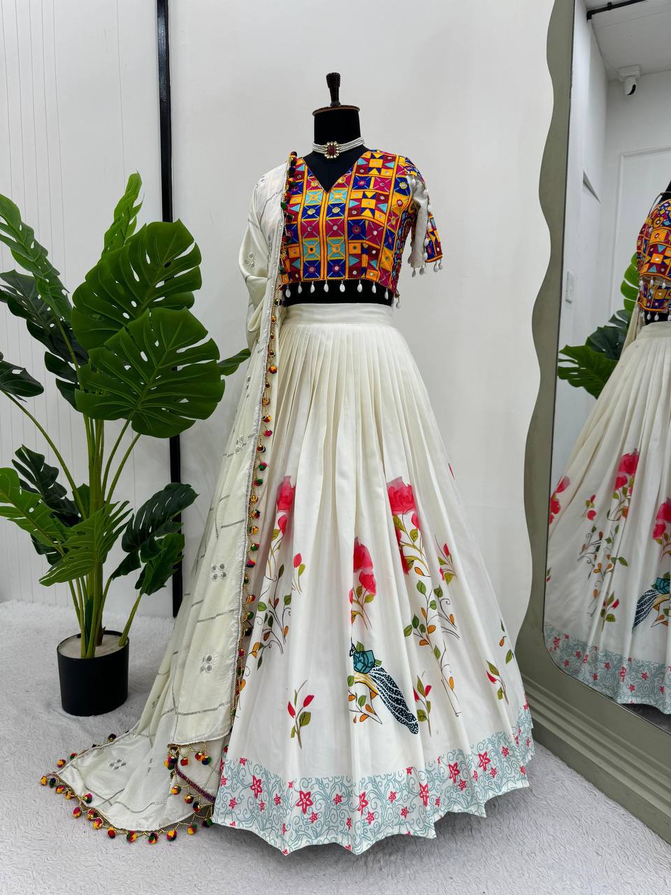 Off White Color Rayon Real Mirror Lehenga Choli
