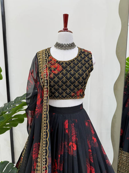 Black Color Organza Printed Sequence Lehenga Choli