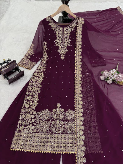 Faux Georgette Dress with Coding & Sequence Work | 3-Piece Plazo Suit