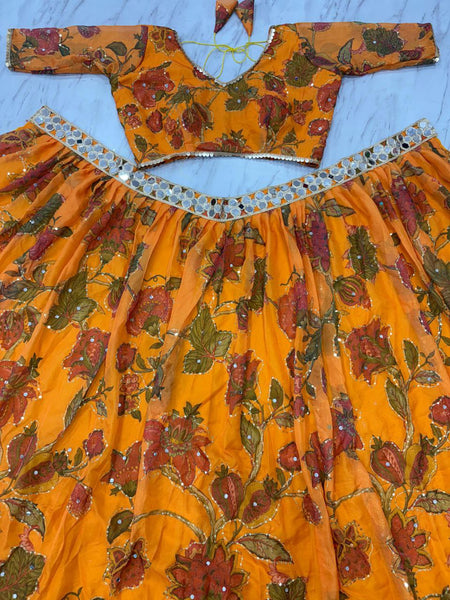 Vibrant Orange Floral Taby Silk Lehenga Choli Set