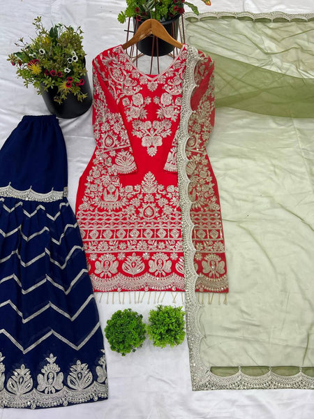 Red Color Georgette Embroidery Plazo Suit