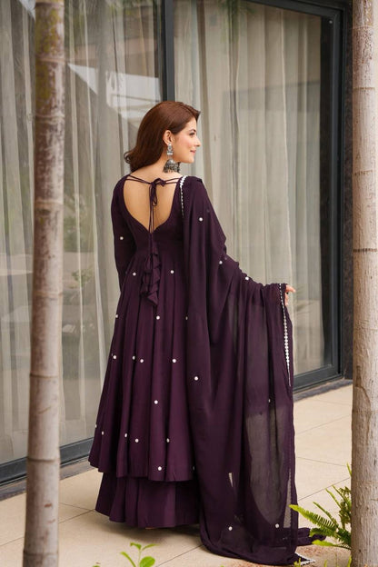 Wine Color Georgette Embroidery Plazo Suit