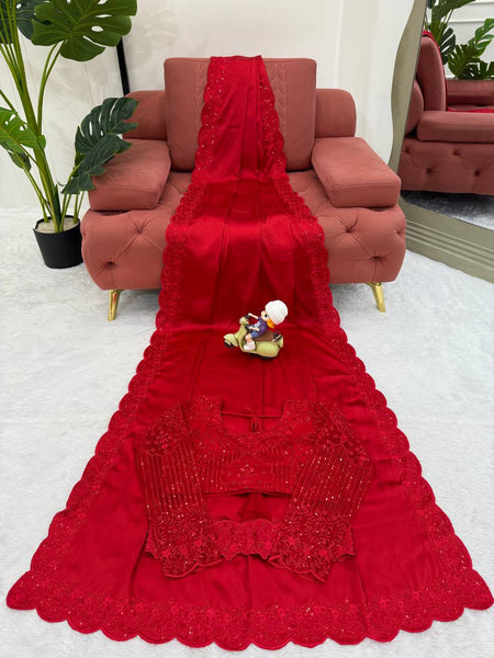 Party Wear RED Color Satin Silk Sequence Thread Work Saree Blouse