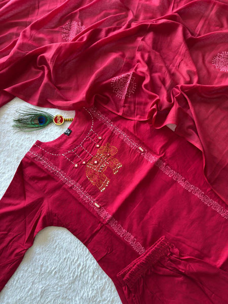 Red Hand Work Roman Silk Kurti Pant Set