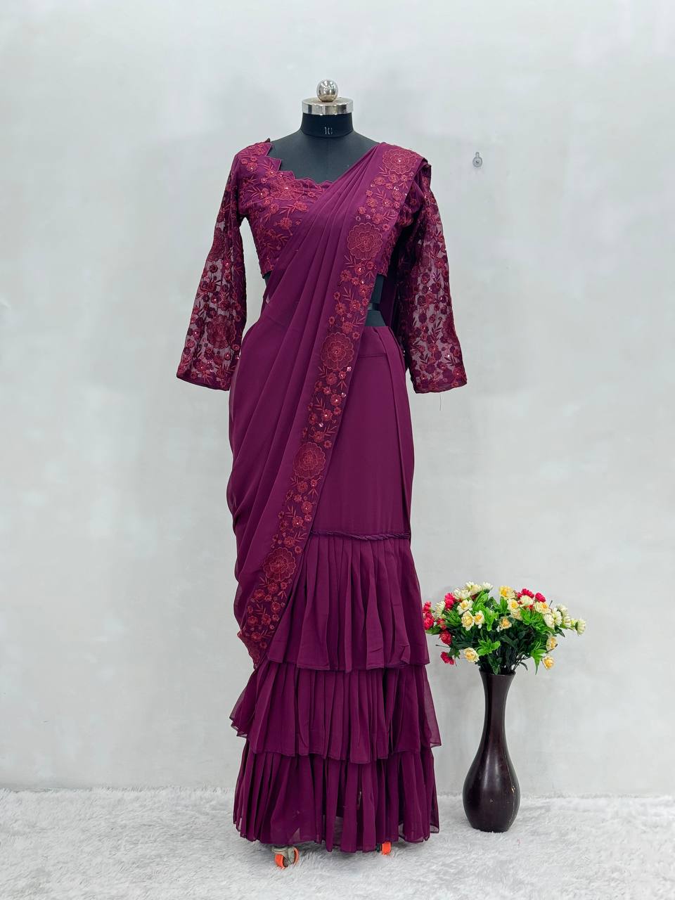 Elegant Faux Georgette Embroidered Lehenga saree Choli Set