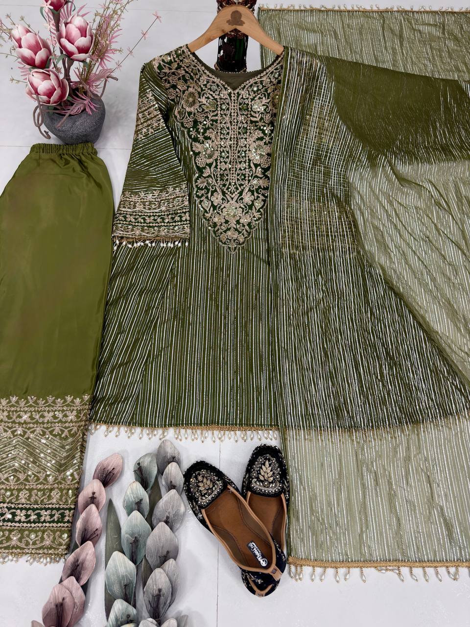 Elegant Olive Green Embroidery Palazzo Suit Set