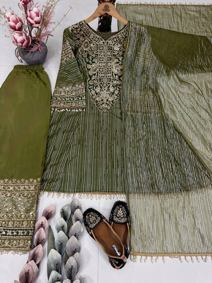 Elegant Olive Green Embroidery Palazzo Suit Set
