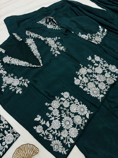 Designer Chinnon Silk Ready-to-Wear Drape Saree with Multi-Thread Embroidered Jacket Blouse