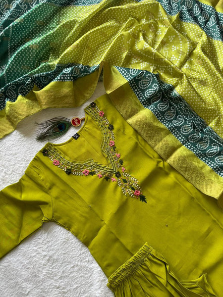 Green Color Hand Work Roman Silk Ready Made Salwar Suit