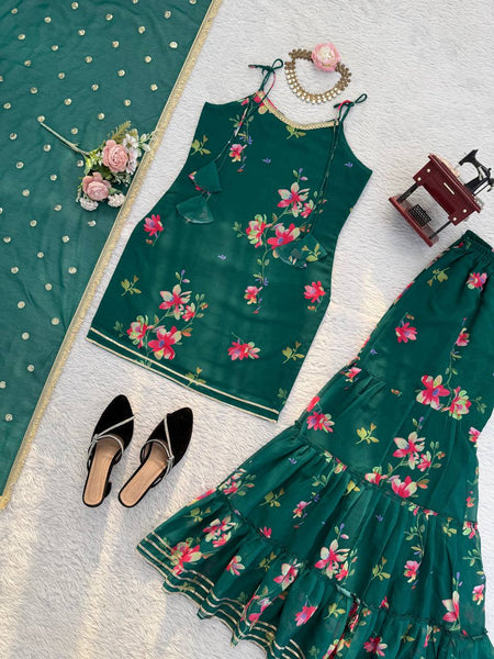 Elegant Digital Print Faux Georgette Sharara Set with Ruffle Style