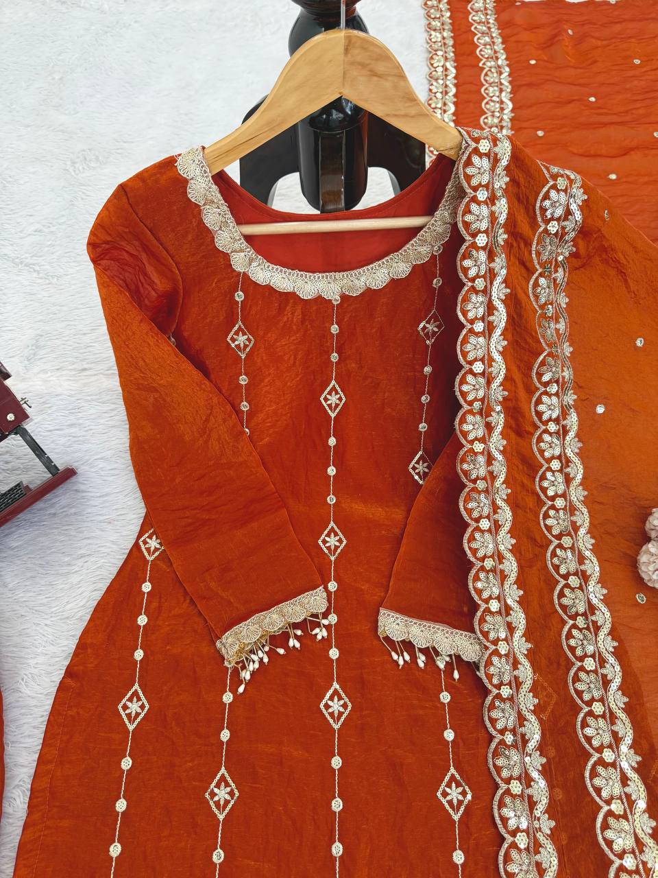 Graceful Fendy Silk Embroidery Suit with Cut-Work Dupatta