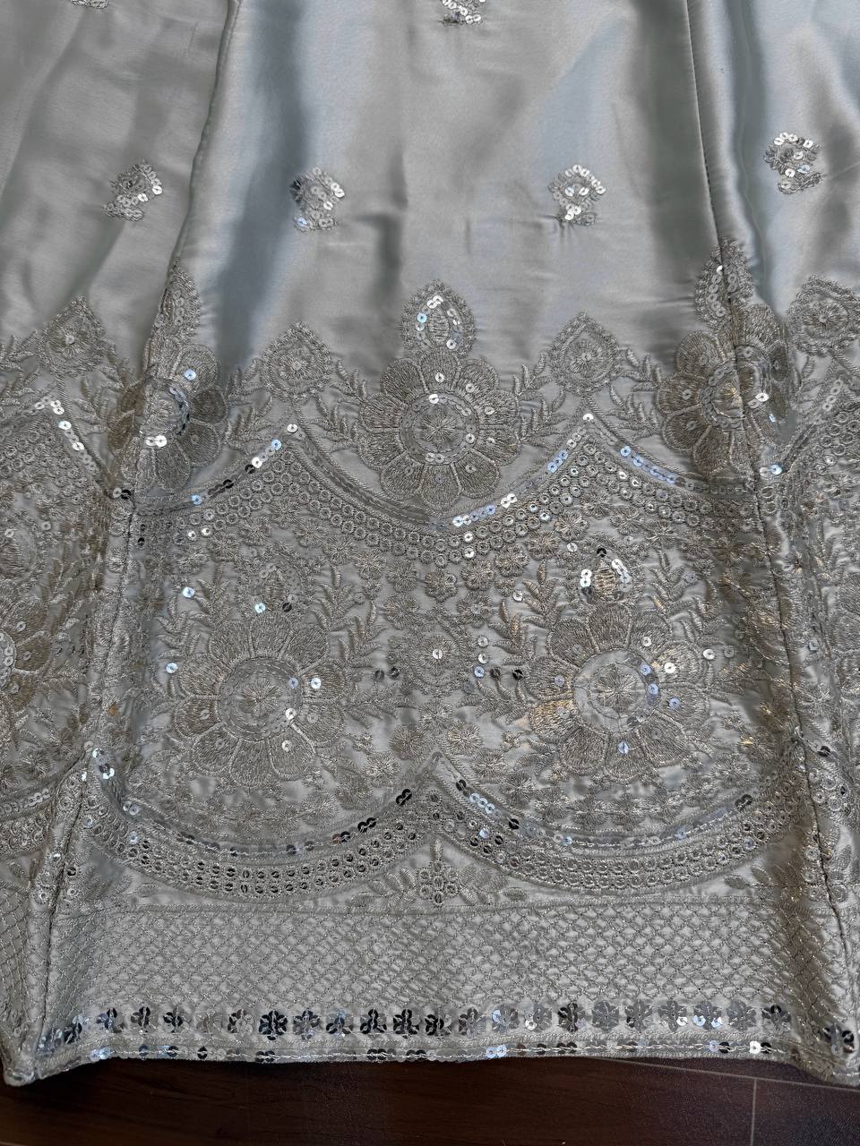 Elegant Silver Japan Satin Embroidered Lehenga Choli Set