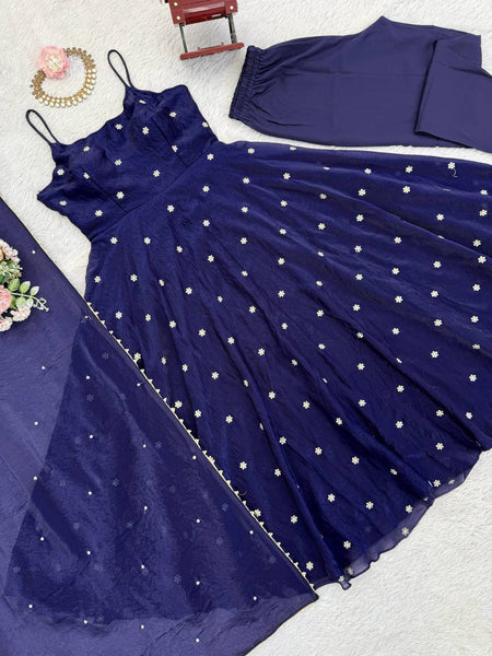 Elegant Navy Blue Fendy Silk Embroidered Anarkali Suit Set with Moti-Lace Dupatta