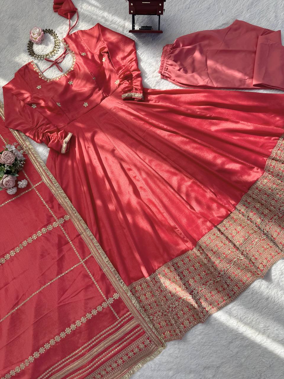 Premium Pink Chinon Silk Anarkali Suit Set