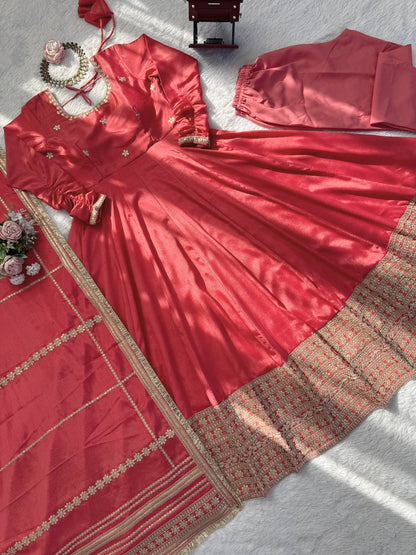 Premium Pink Chinon Silk Anarkali Suit Set