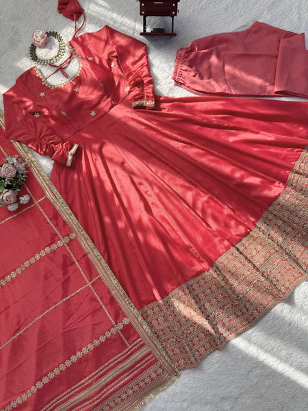 Premium Pink Chinon Silk Anarkali Suit Set