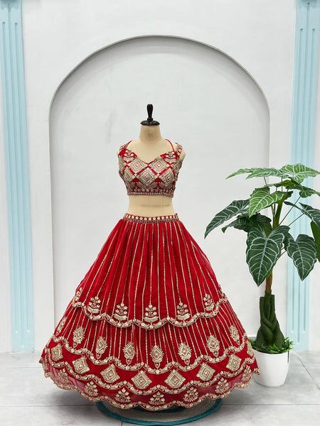 Red Faux Georgette Bridal Lehenga Choli with Sequins & Zari Work