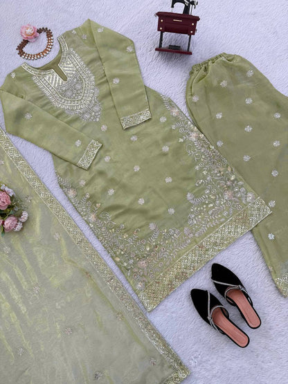 Elegant JMC Silk Three-Piece Set with Intricate Thread Work