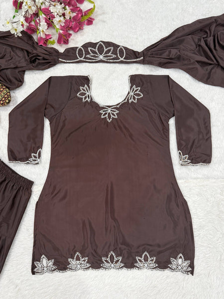 Heavy Natural Crepe Embroidered Farshi Salwar Suit