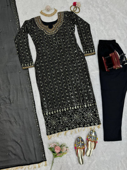 Elegant Faux Georgette Embroidered Suit Set with Real Mirror Work Latkan