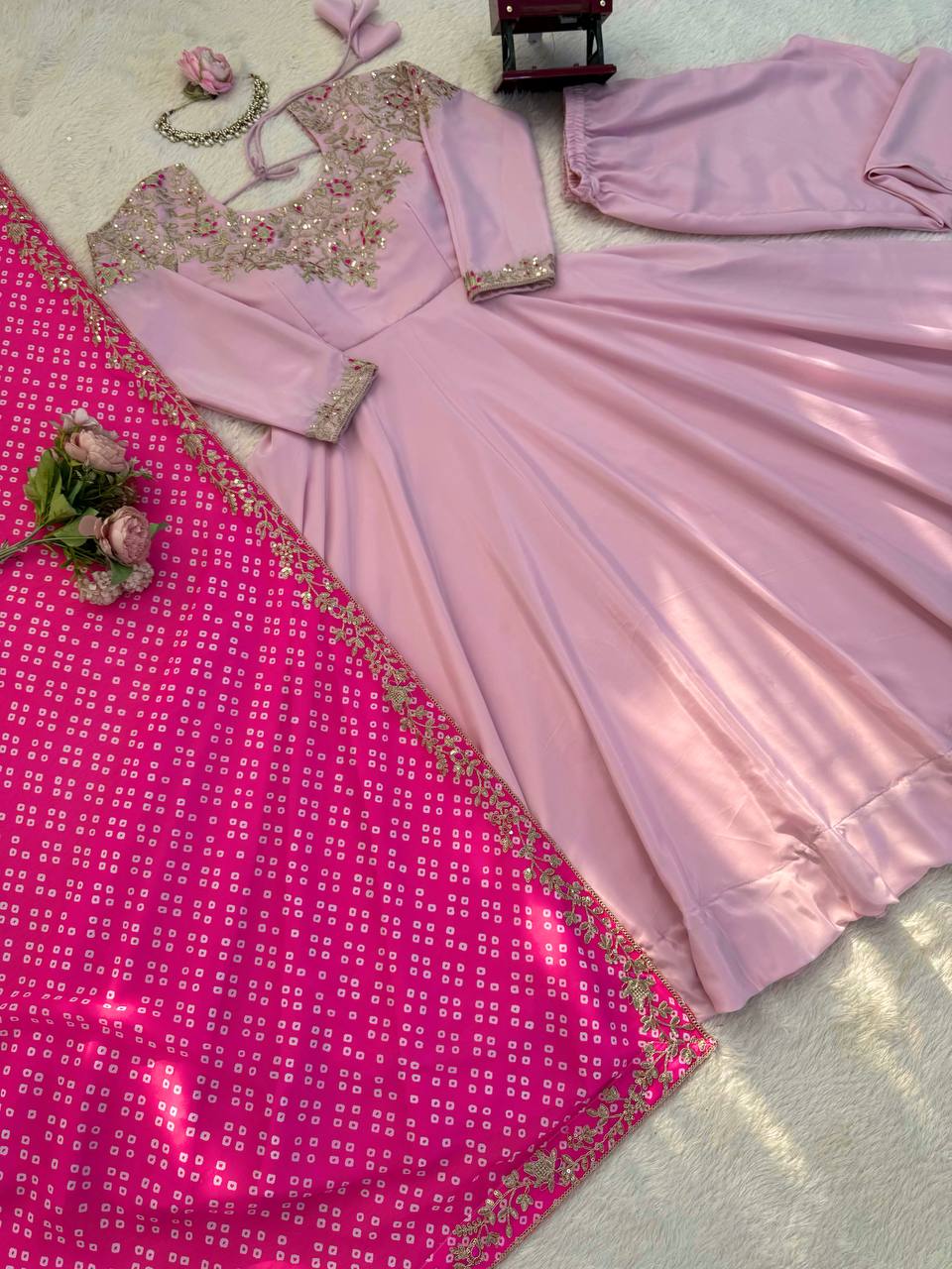 Exquisite Crepe Silk Embroidered Gown Set