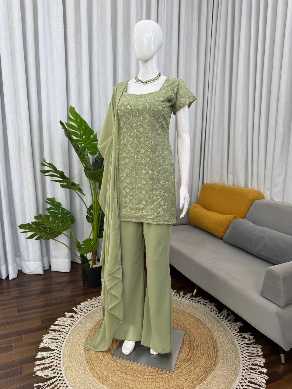 Faux Georgette Top & Boot-Cut Pant Set