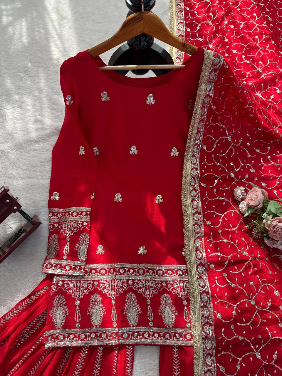 Embroidered Chinon Silk Sharara Set with Sequence Work