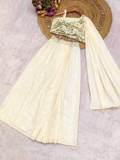 Elegant Crape Silk Dhoti Style Saree – Ready-to-Wear with Multi-Thread Embroidery & Sequin Work