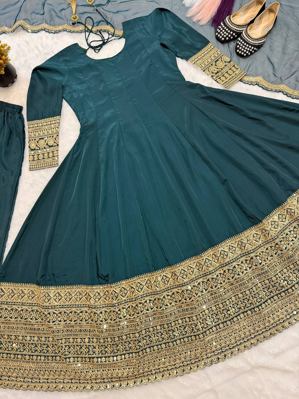 Heavy Natural Crape Embroidered Anarkali Suit Set