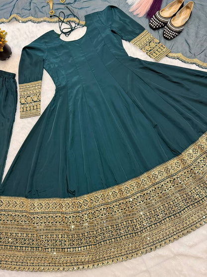 Heavy Natural Crape Embroidered Anarkali Suit Set