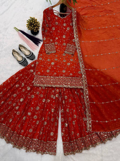 Premium Pure Frendy Silk Embroidered Top Palazzo Dupatta Set