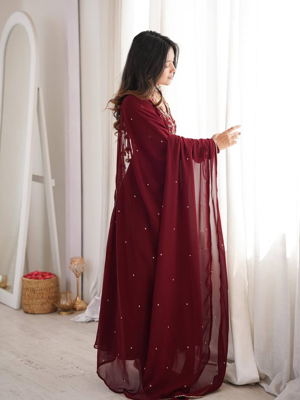 Elegant Faux Georgette Gown Set with Hand-Crafted Beading